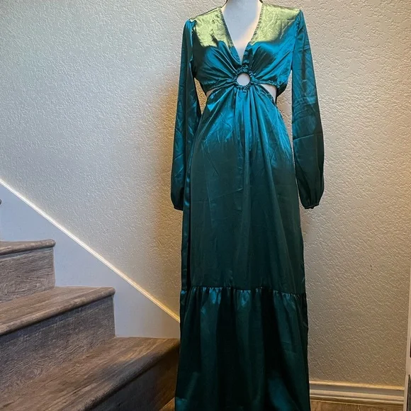 slim fit dress slacks Emerald Silk Long Sleeve Maxi Dress  trinarosh